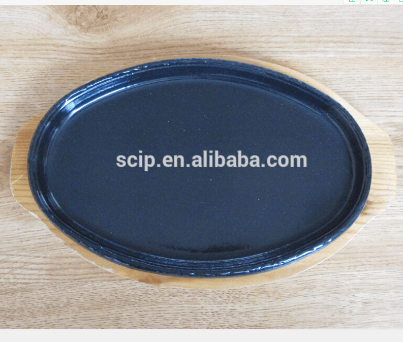 oval cast iron enamel sizzler plates pizza pan with wooden plate