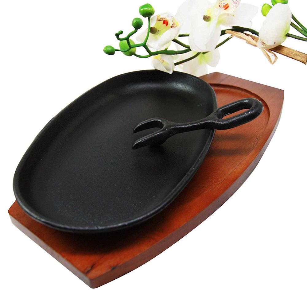 9.25" Long Cast Iron Sizzling Fajita Japanese Steak Plate With Handle and Wooden Base