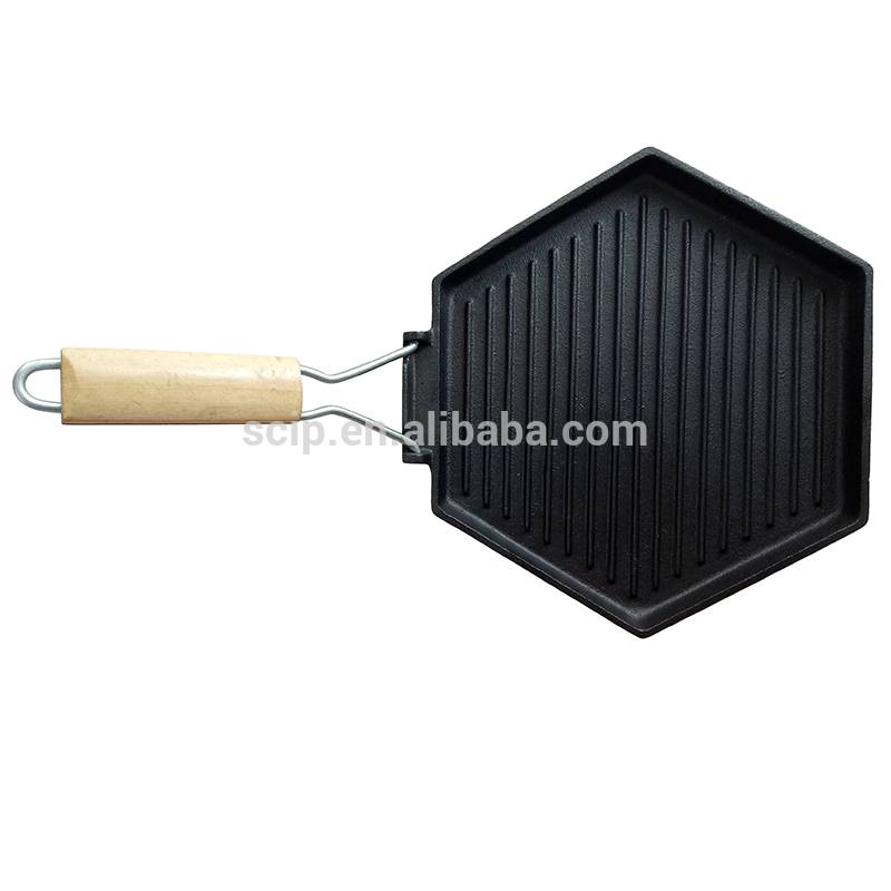 Pre-season hexagon cast iron grill pan with collapsible handle