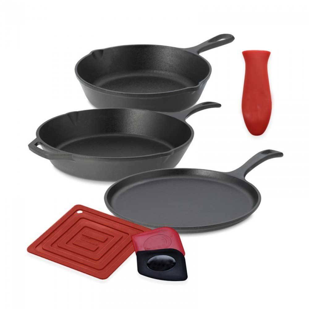 6 Piece Seasoned Cast Iron Cookware and Accessories Set (Skillet Set) – Complete with Two Skillets, Griddle, Pot Holder, Hot Han