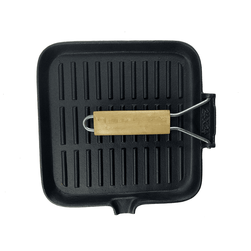 Cast Iron Grill Frying Pan with Removable Wooden Handle