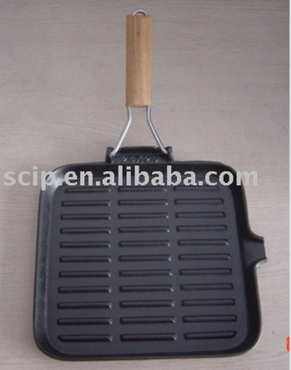 cheap square cast iron griddle pan with wooden handle