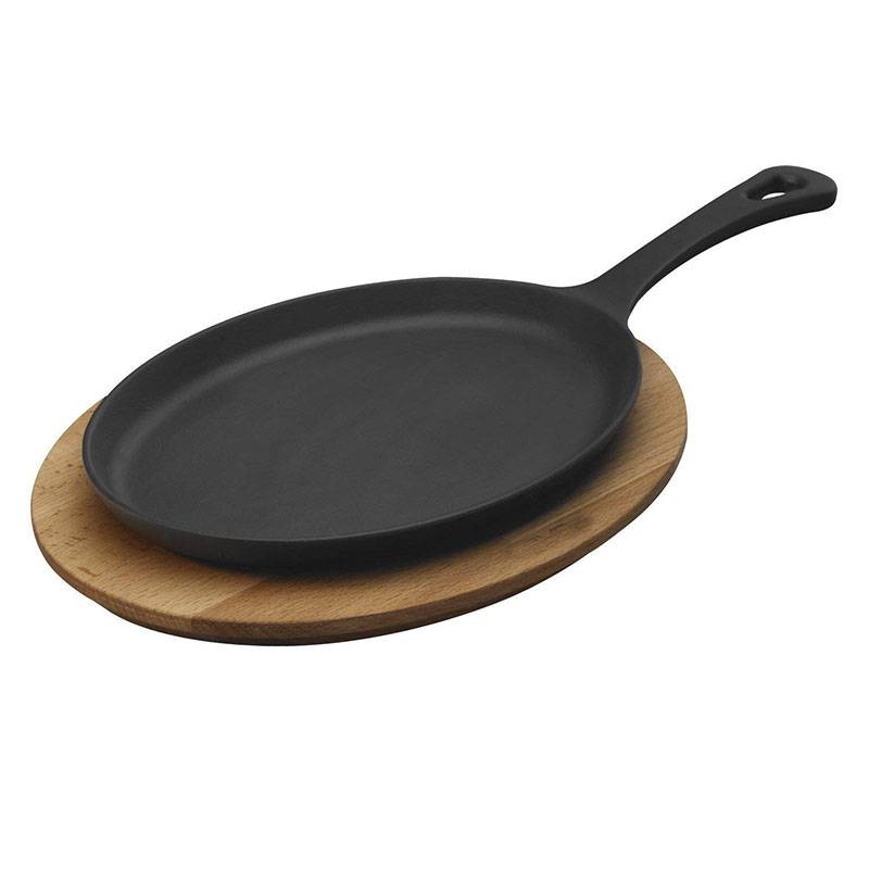 Cast-Iron 7 x 9 inch Fajita Plate with Beech Wood Serving Platter, Slate Black