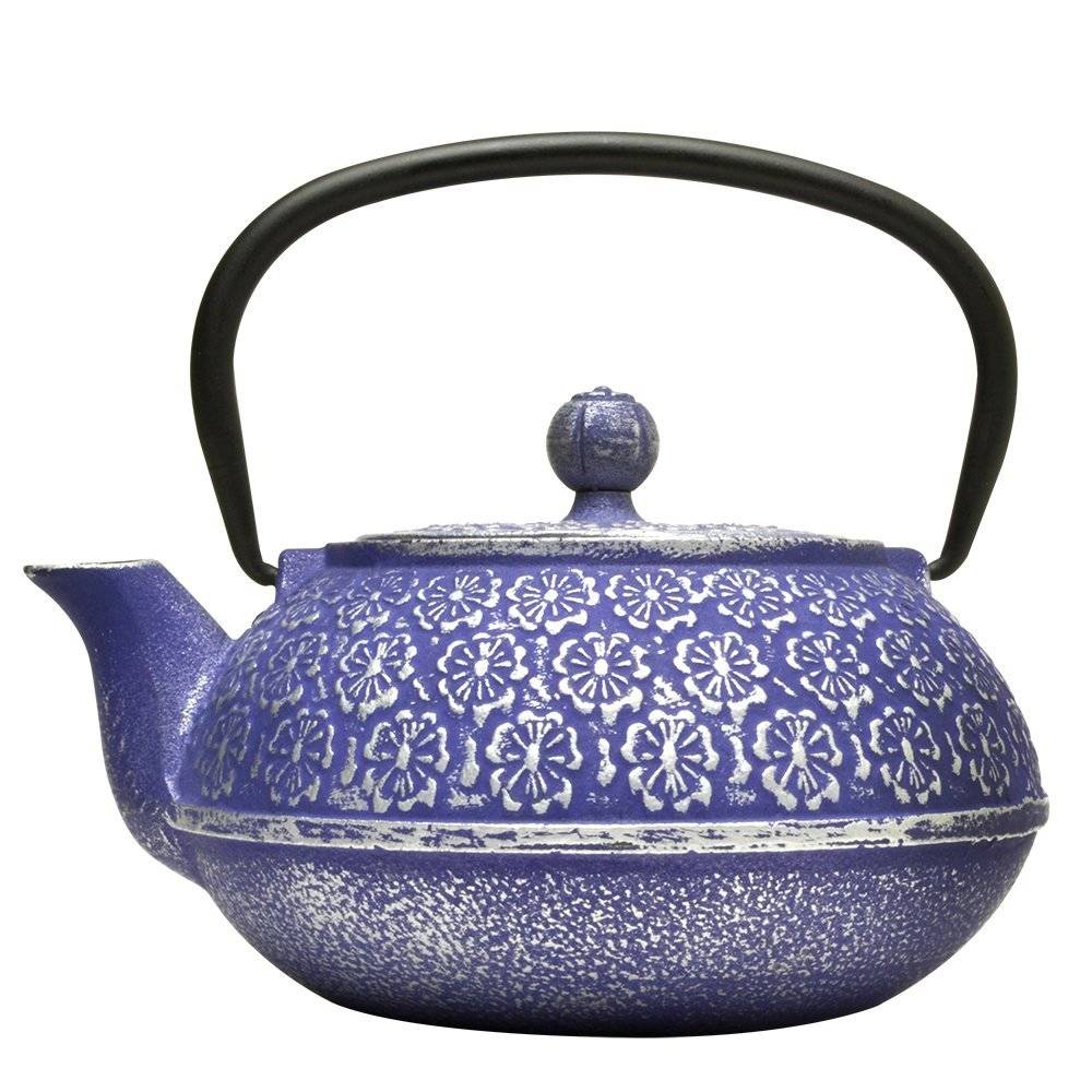 Primula Cast Iron Teapot | Blue Floral Design w Stainless Steel Infuser,34 oz