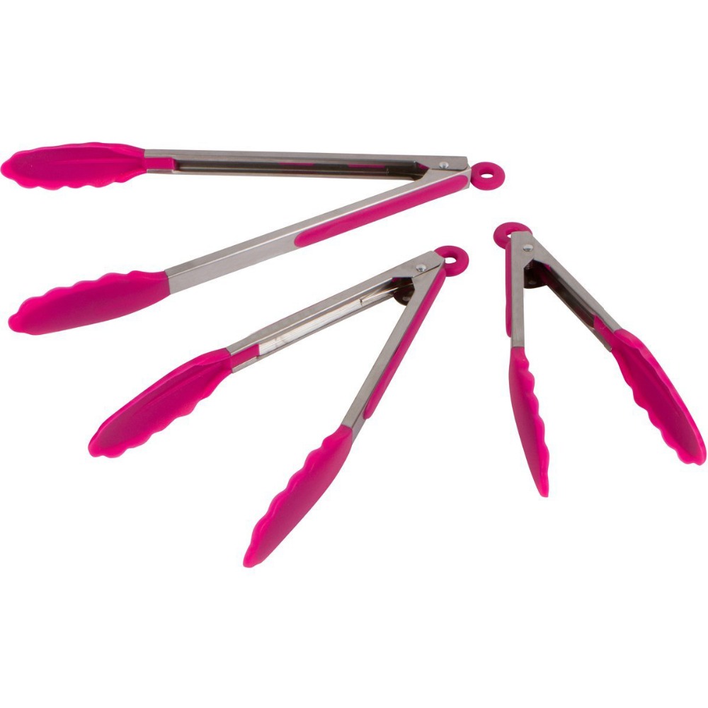 PINK kitchen Tongs with Silicone Tips Set of 3-7, 9, 12 Inch Stainless Steel Kitchen Cooking Tongs Non-Stick Heavy Duty
