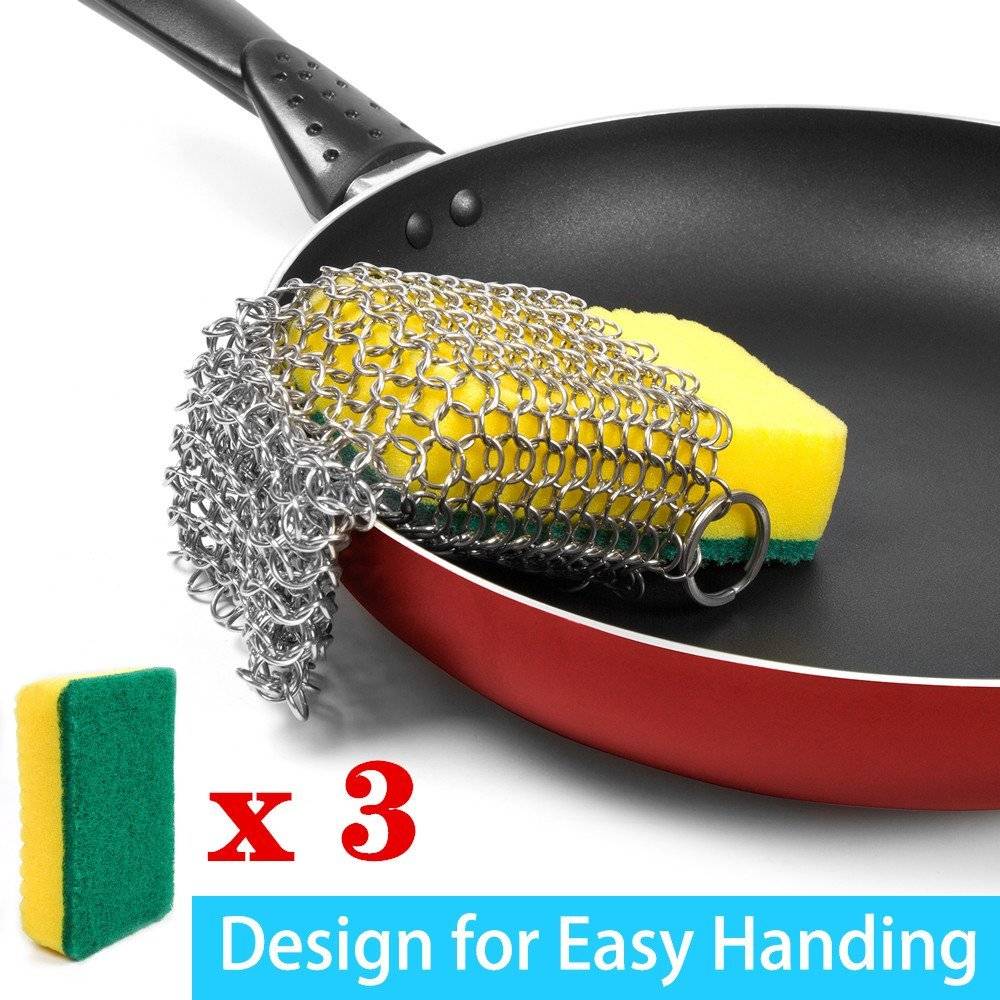 Cast Iron Cleaner, Stainless Steel Cast Iron Double Chainmail Scrubber (Cleaner + 3pcs Sponges)