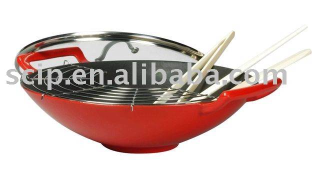 cast iron wok set with glass lid