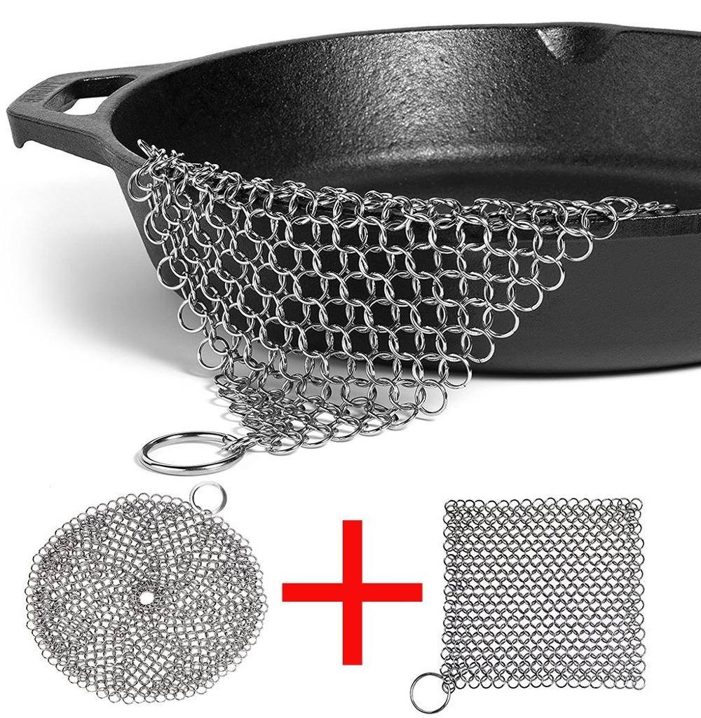 Cast Iron Cleaner 2 Pack- 8"x6" and 7"x7" More Efficient Stainless Steel Chainmail Scrubber for Cast Iron Pan