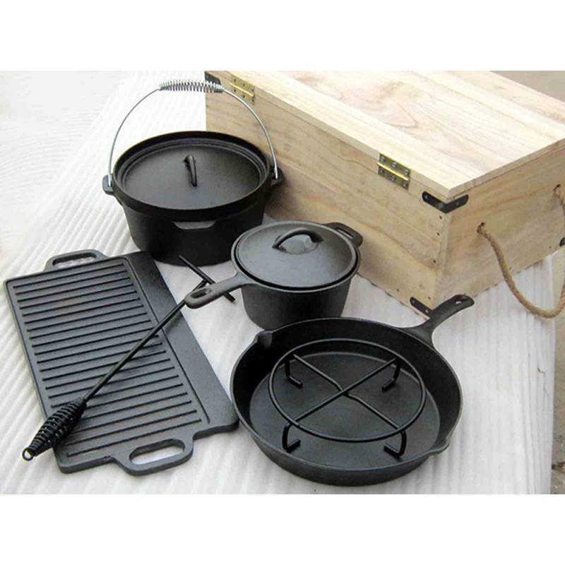Outdoor cooking camping cast iron pot set 7pc pan skillet griddle bbq dutch oven