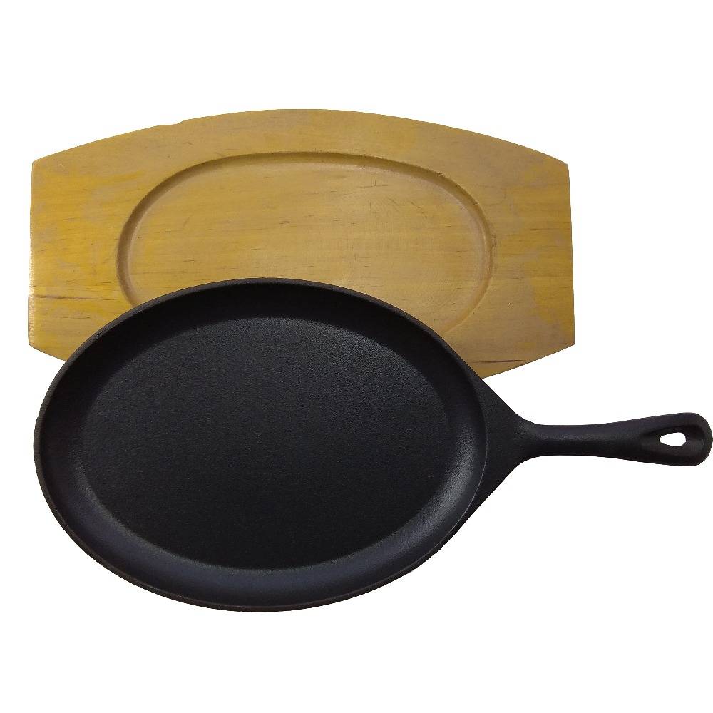 Pre-Seasoned Cast Iron Fajita Sizzler Plate with Birth Wooden Base from Alibaba 13 years gold supplier