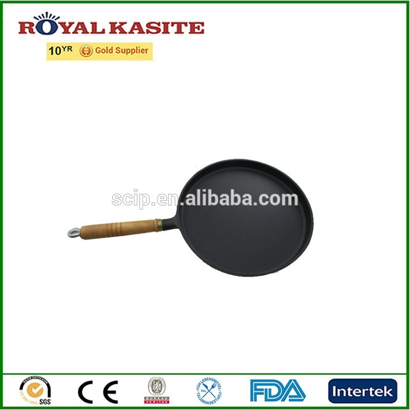 round iron baking pan with wooden handle, non stick casting iron frying pan, cookware iron pizza pans
