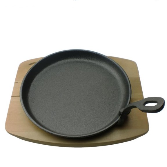 13 years wholesaler cast iron fajita grill pan with wooden birch tray, Pre-seasoned