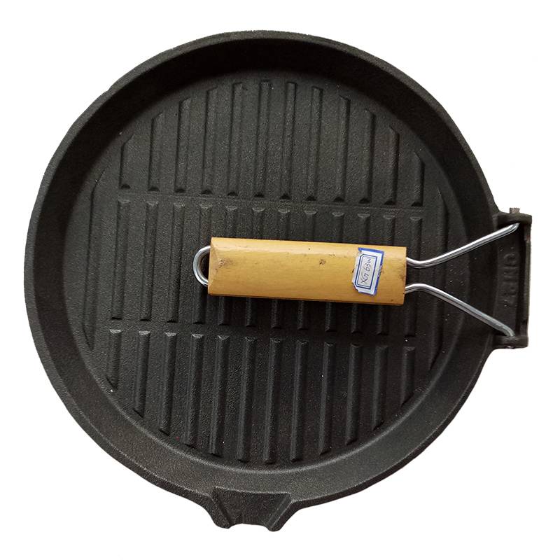 Wholesale Round Cast Iron Grill Pan with Folding Wooden Handle