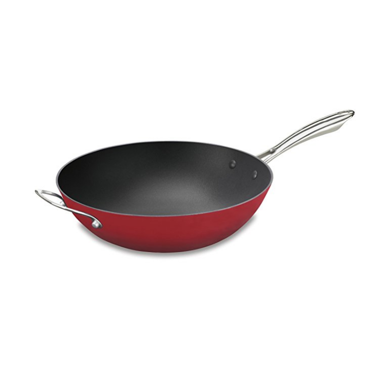 CastLite Non-Stick Cast Iron Open Stir Fry Pan with Helper, 5-Quart, Red