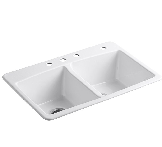 Top-Mount Double-Equal Bowl Kitchen Sink with 4 Faucet Holes, White