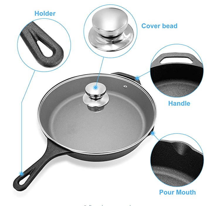 Cast Iron Skillet with Lid Pre-Seasoned Pan 12.5 Inch