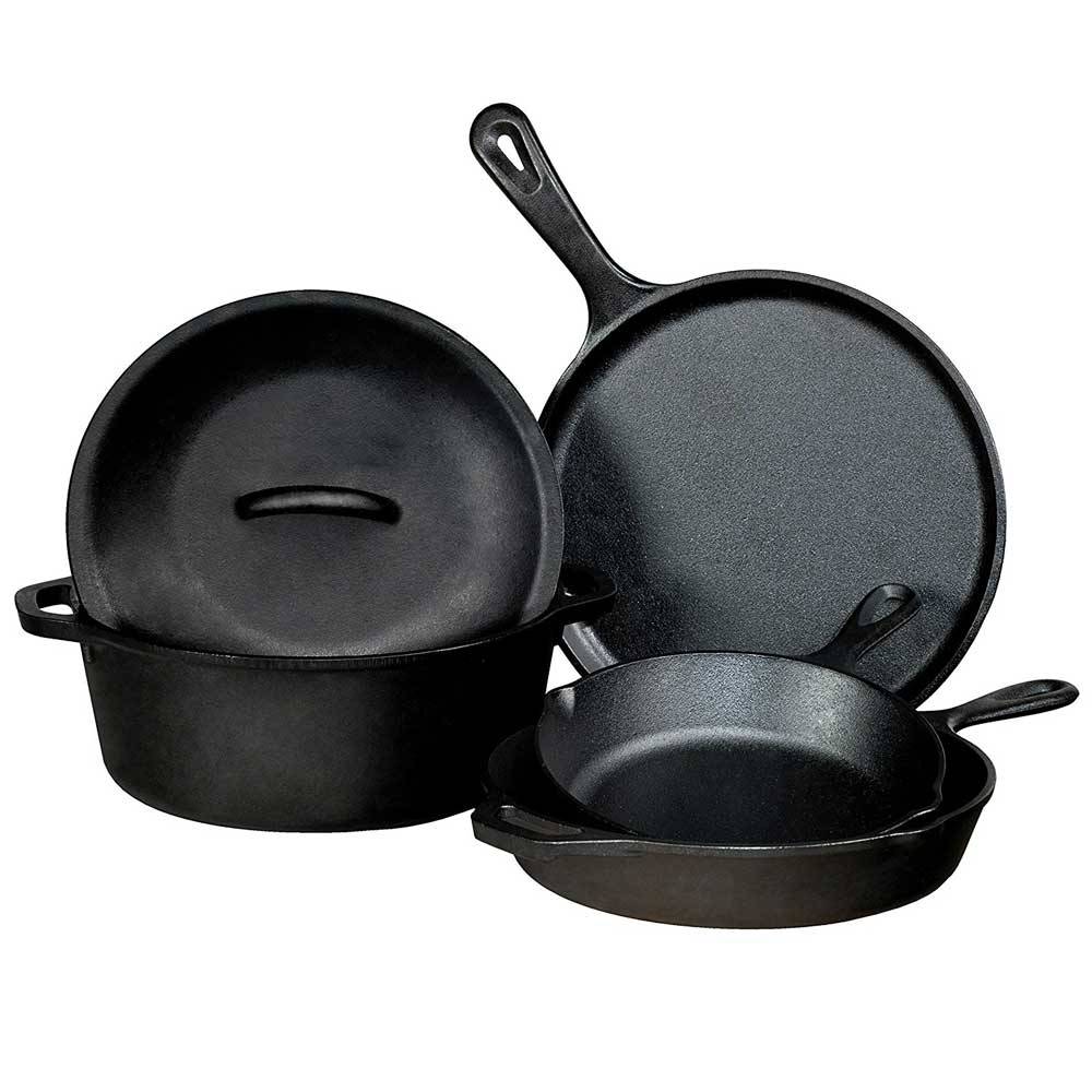 Seasoned Cast Iron 5 Piece Set with 10.5" Griddle, 8" Skillet, 10.25" Skillet, 10.25" Dutch Oven and 10.25" Lid