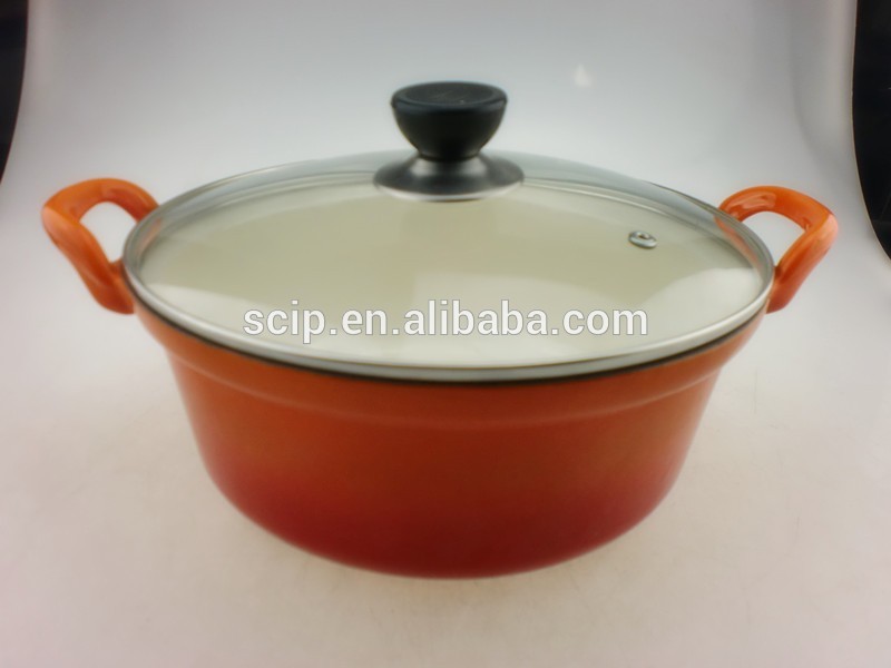 2015 new design cast iron enamel pot, hot sale cast iron enamel pot with glass lid