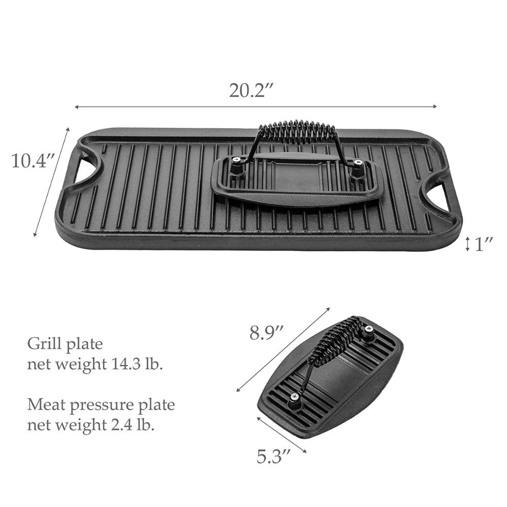 Pre-Seasoned Cast Iron Griddle with Grill Press, Large Nonstick Two Burner Flat Universal Pancake Grill Pan Set for Indoor Oven