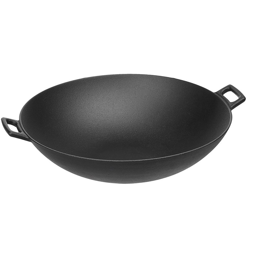 Cast Iron Shallow Wok, 35cm diameter, square handles – by 13 years Alibaba gold supplier