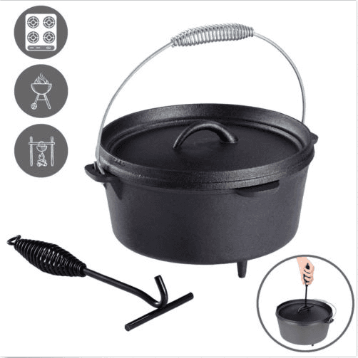 Cast Iron Dutch Oven Pot Outdoor Cooking Preseasoned Campfire Cookware