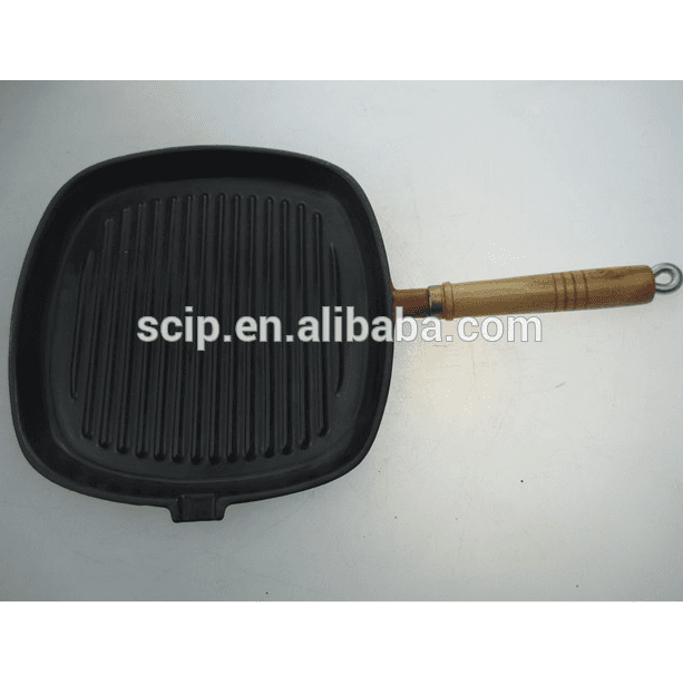 Enamel Coated Cast Iron frying pan with wooded handle