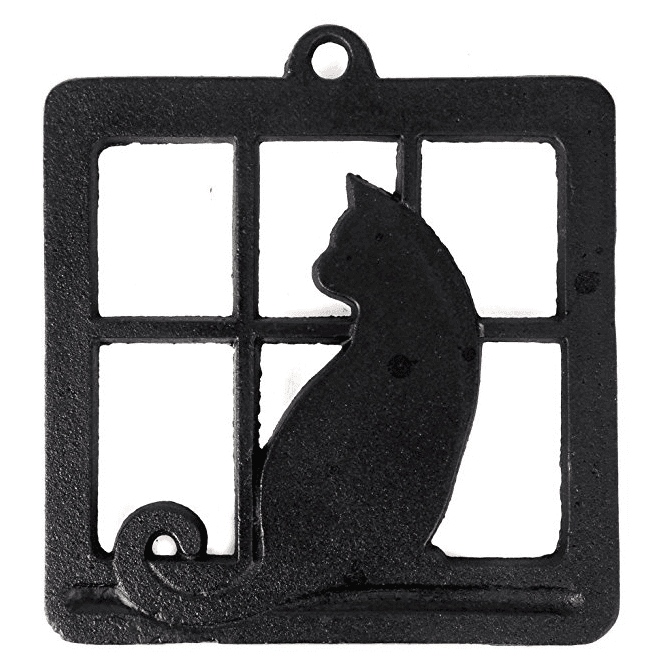 Cast Iron Trivet, Square Trivet with Single Cat in Window