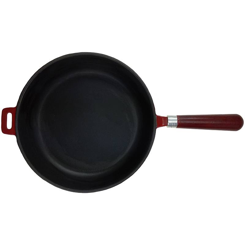 Enamel cast iron fry pan with wooden handle
