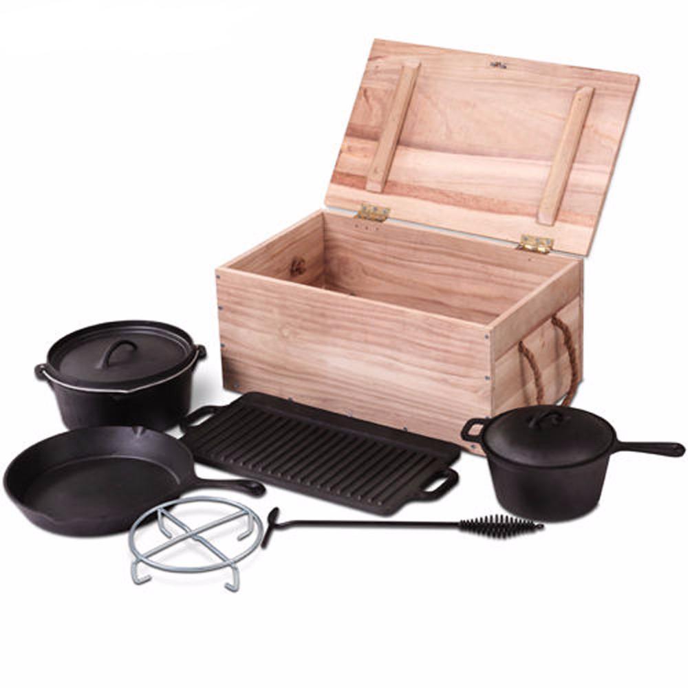 Pre-seasoned cast iron cookware camp dutch oven skillet set