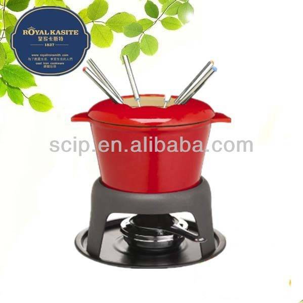 2015 hot sale red enamel cast iron fondue set
