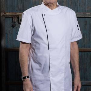 SINGLE BREASTED SHORT SLEEVE HIDDEN PLACKET CROSS COLLAR CHEF COAT FOR HOTEL AND RESTAURANT CU110D0201E