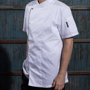 SINGLE BREASTED SHORT SLEEVE HIDDEN PLACKET CROSS COLLAR CHEF COAT FOR HOTEL AND RESTAURANT CU110D0201E