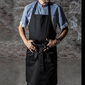 Black Poly Cotton Long Bib Chef Apron With Pockets CU376S0100A
