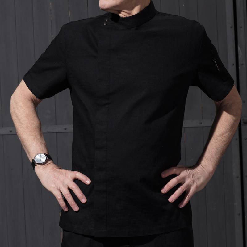 Hidden Placket Short Sleeve Uneven Surface Fabric Chef Jacket For Hotel And Restaurant CU119D0100Y Featured Image