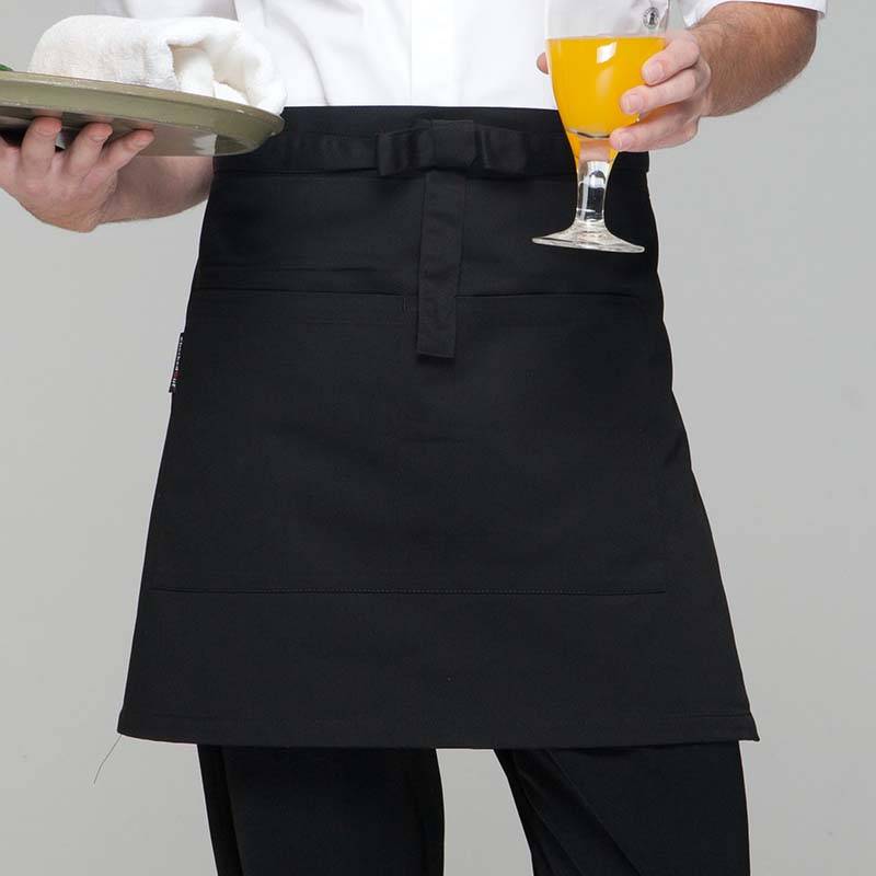 Factory For Head Chef And Sous Chef Aprons - Black Poly Cotton Waiter Short Waist Apron With Pockets U301S0100A – CHECKEDOUT