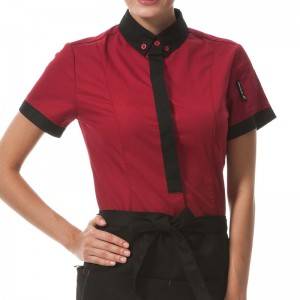 WINE RED Polyester Cotton Classic Short Sleeve Slim Fit waitress uniform Shirt  CW167D0401E