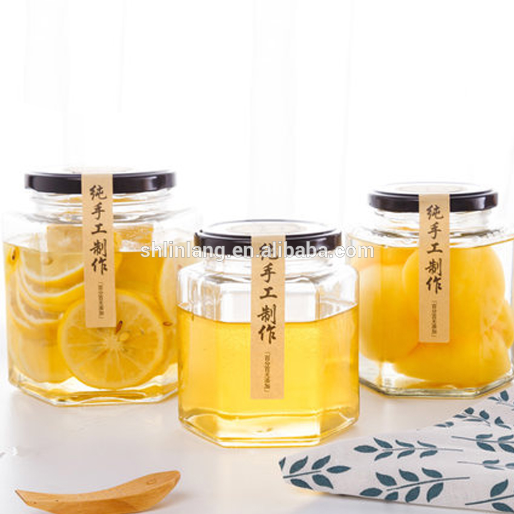 shanghai linlang Factory price decorative honey glass jars hexagonal glass jars with metal lids
