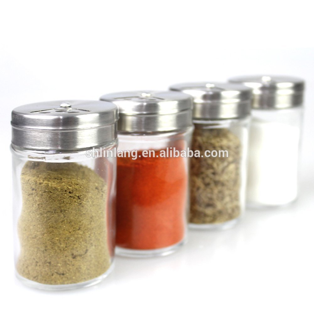 Linlang shanghai factory direct sale glassware products 80ml glass spice jars with stainless steel lids