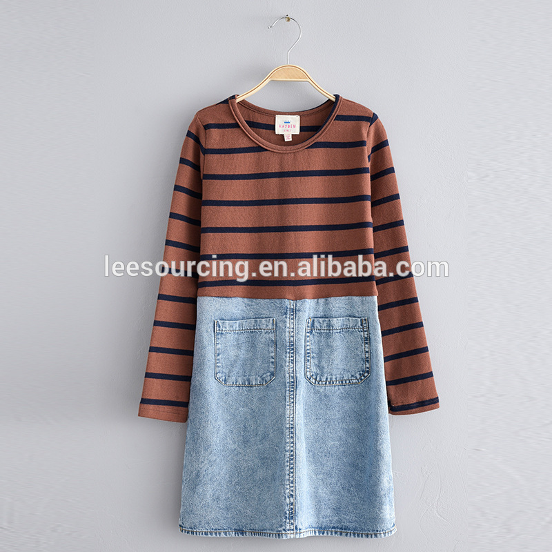 Boutique western style school girl jean dress children stripe dress longe sleeve wholesale