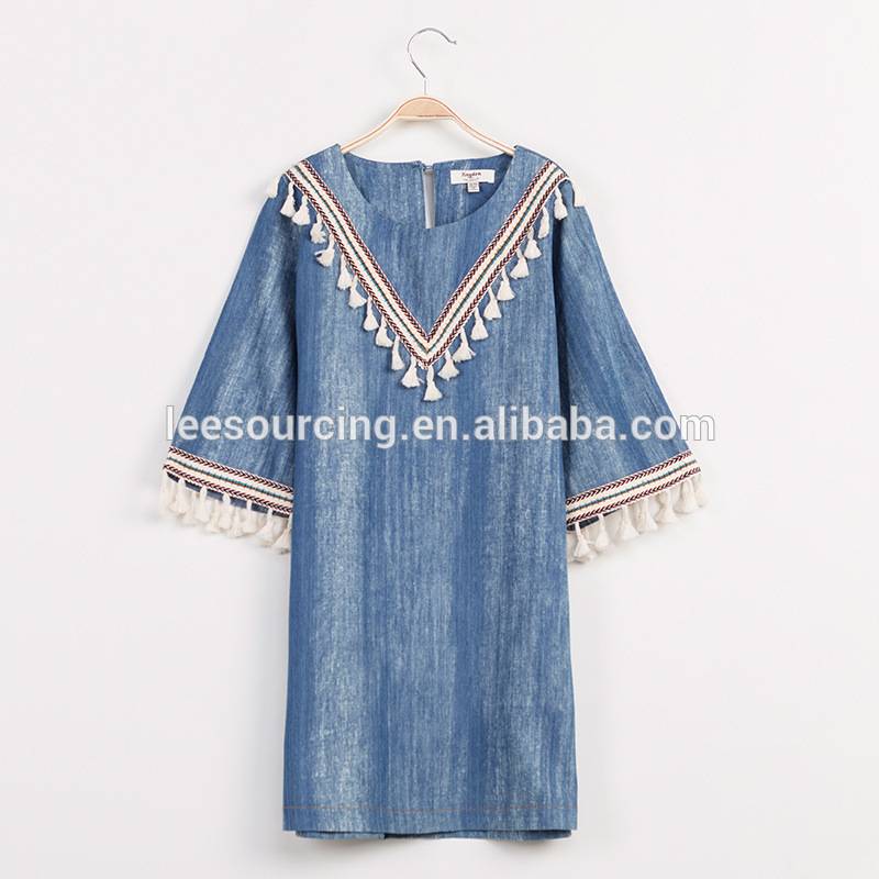 Wholesale 3/4 sleeve blue long fashion jeans dresses beautiful children girl dress
