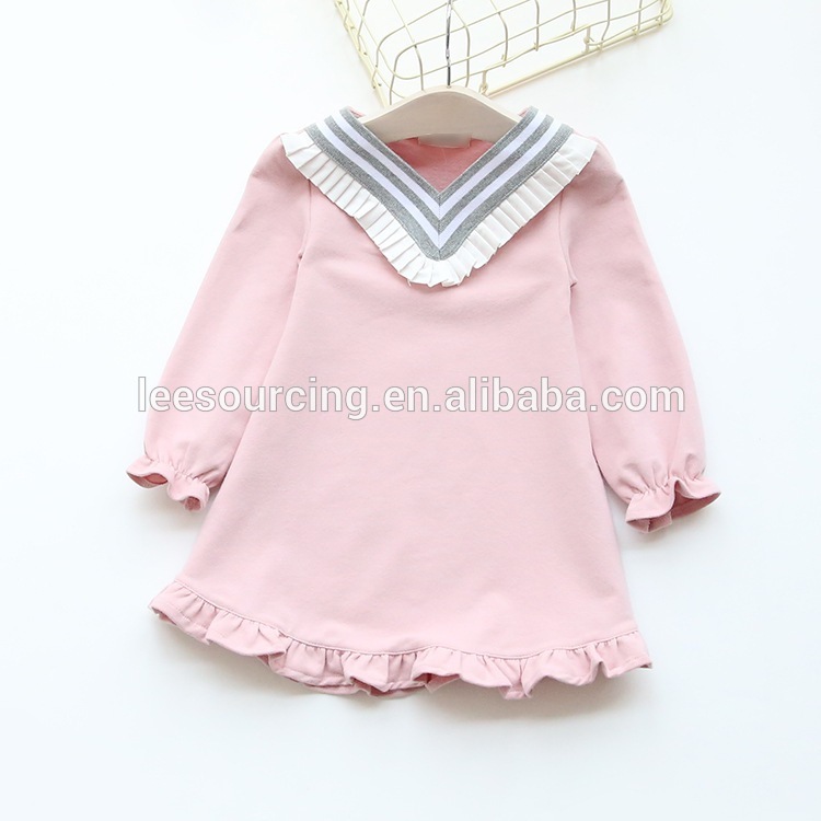 Spring Long Sleeve Navy Collar Casual Children Girl Plain Cotton Dress