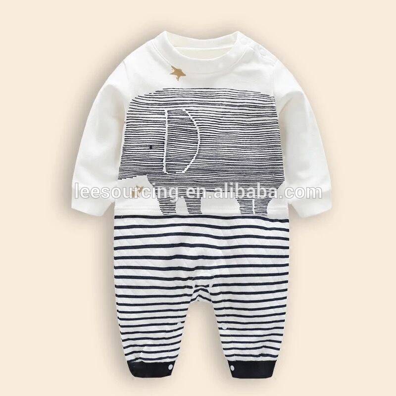 Wholesale 100% cotton long sleeve elephant printed stripe baby carters bodysuit