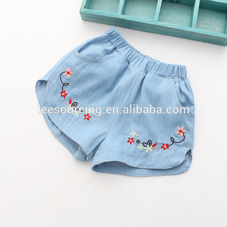 High quality flower embroidery summer girls denim shorts