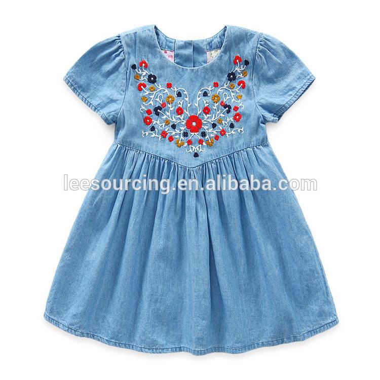 Wholesale short sleeve flower hand made embroidered dress jeans girl dress