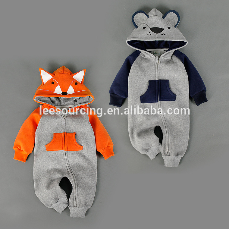 Winter style animal pattern with pocket cotton baby zip romper