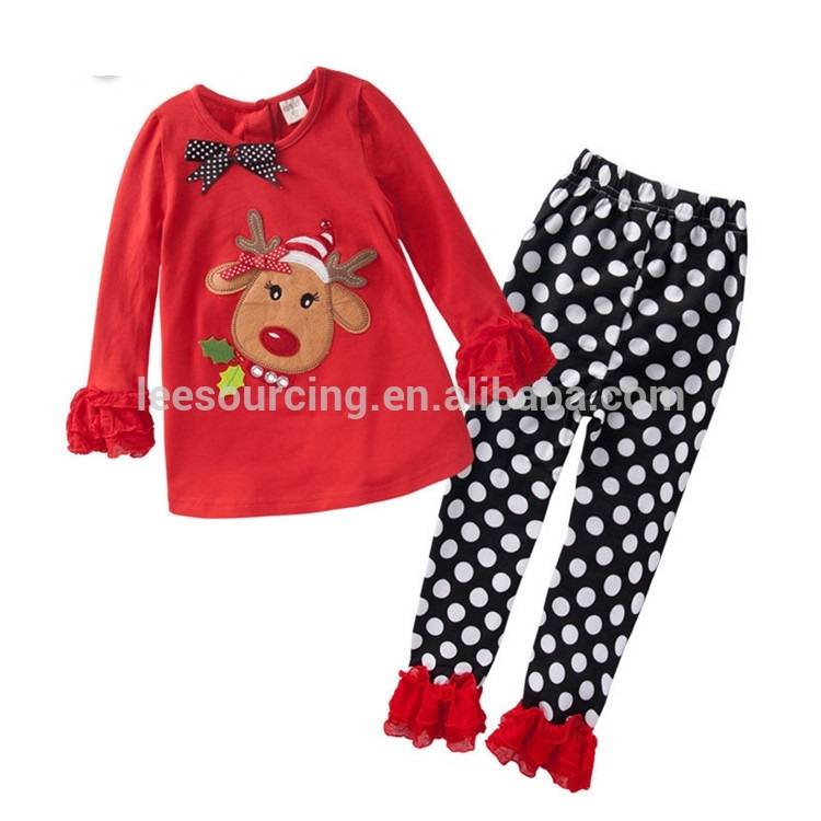 Discountable price Flower Beach Pants - Wholesale girls christmas boutique ruffle t shirt and polka dots leggings set 2pcs baby deer clothing – LeeSourcing