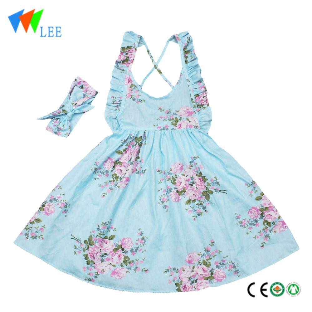 Hot sale 100% cotton onr piece dress summer with hair band and flounce printed floral