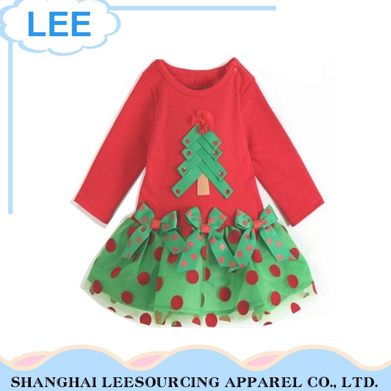 Vestido de Nadal vermello chancea a luva longa suaves do algodón Vestidos bebé malla