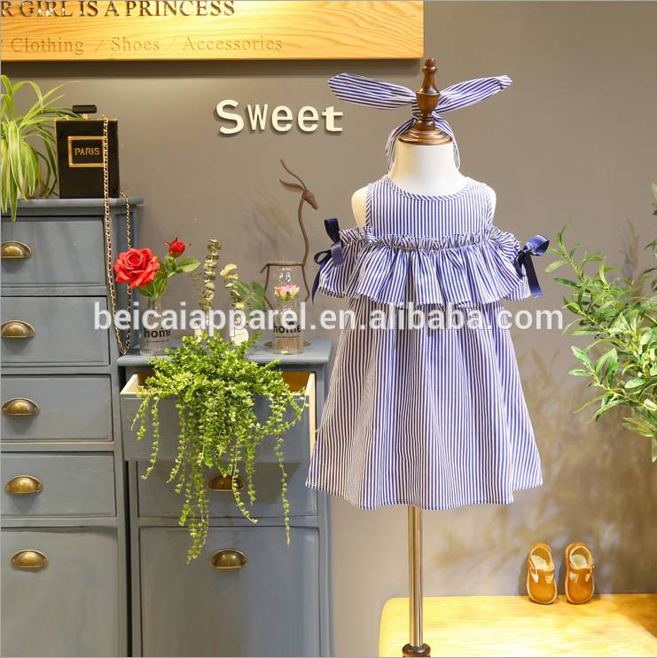 Wholesale summer girl shirt dress blue stripe kids girl dresses