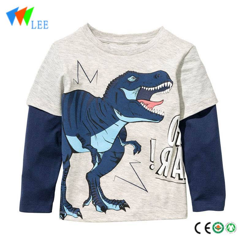 high-quality 100% cotton kids long sleeve t shirt Fake two piece long sleeve round collar embroidered